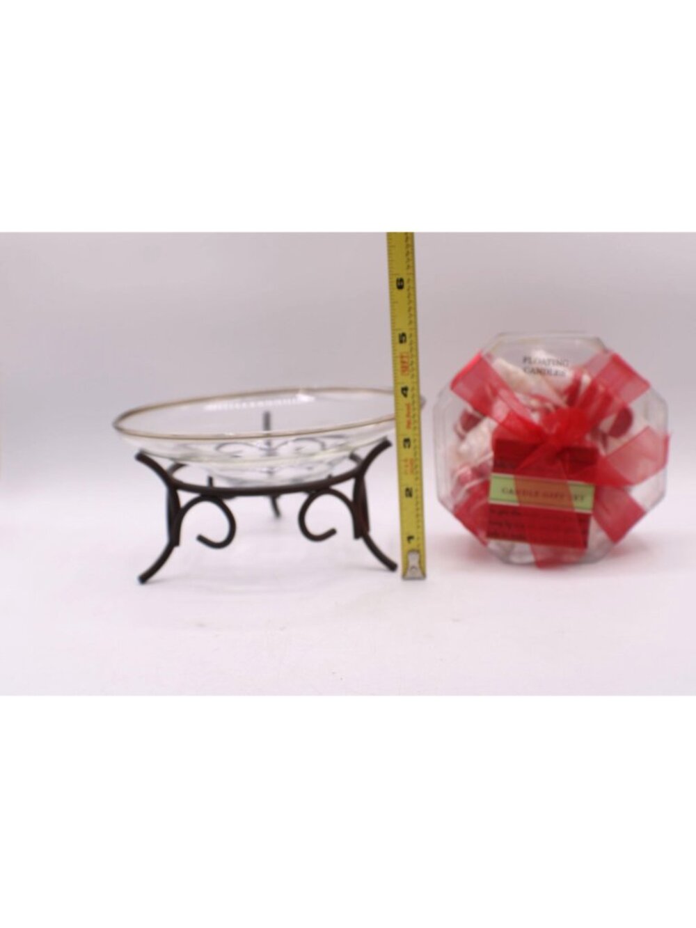 Floating Candle Gift Set Candy Cane Design With Glass Bowl Metal Stand NWOB Vtg - Picture 8 of 10